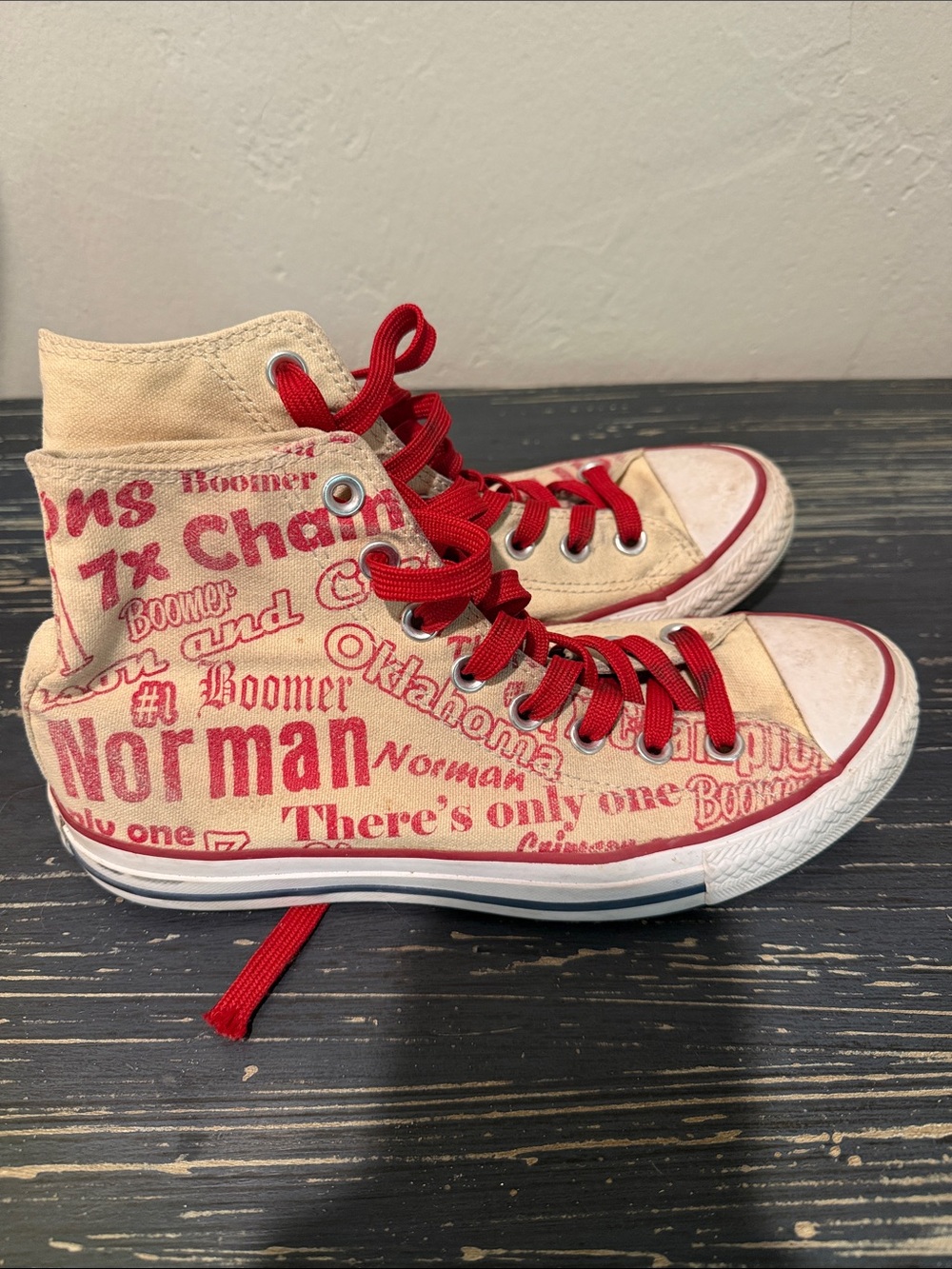 High-Top Custom OU Converse Canvas Sneakers with Red Graphic Print and Red Laces